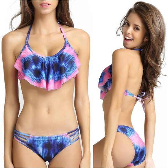 Tie Dye Peacock Feather Strappy Flounce Bikini 👙 - Picture 4 of 8